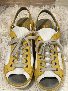 Fly London Yuta white and yellow lace up wedge shoes. Size 39, converts to 8.5.